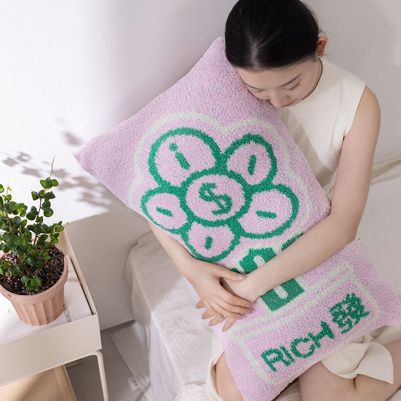 有钱花发财花富抱枕ins风半边绒针织靠枕沙发大腰枕长方形抱枕套