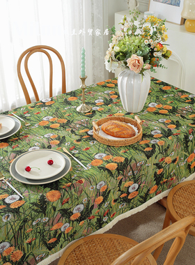 复古绿色花朵餐桌布艺田园ins油画风圆形长方形茶几棉麻装饰盖布
