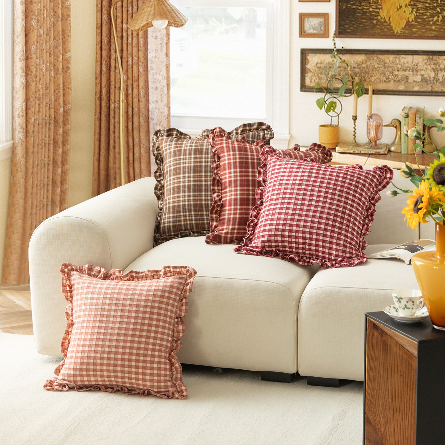 抱枕沙发客厅美式复古方形木耳边靠枕床上红色格子腰枕套床头