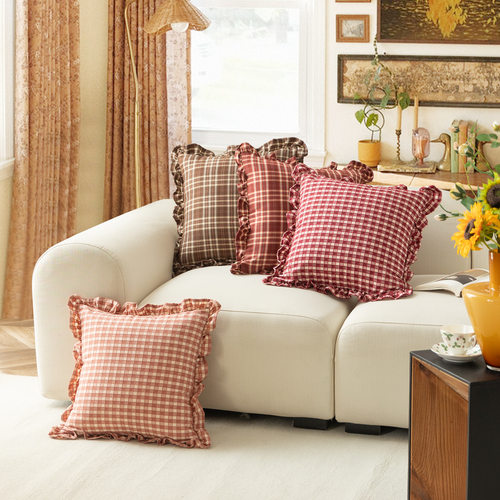 抱枕沙发客厅美式复古方形木耳边靠枕床上红色格子腰枕套床头