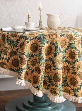 向日葵油画电视柜盖巾美式棉麻桌布家用长方形台布桌面垫书桌布