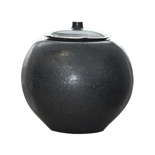 日本陶器 镰田幸二 窑变银浆 天目釉 荷叶卷边盖罐 儲茶罐 存茶罐