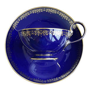 法国官窑Sevres塞夫勒瓷器 玛瑙蓝花卉描金 Coupe型 茶杯咖啡杯碟