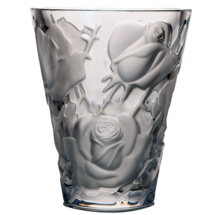 法国 Lalique 莱俪 水晶 玫瑰 浮雕 透明磨砂 花瓶 摆件