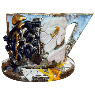 日本备前烧陶艺名家 市川透 师隐崎隆一 柴烧描金边 咖啡杯茶杯托