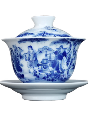 青花朗诵品茶画三才盖碗