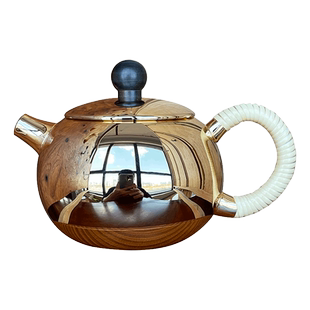 烟波日本银器 银川堂银本铺 无地款 铜胎镀24K金 倒把西施壶 金壶