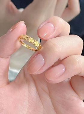 新款沙金四叶草戒指男女可调节食指ins情侣对戒轻奢小众设计