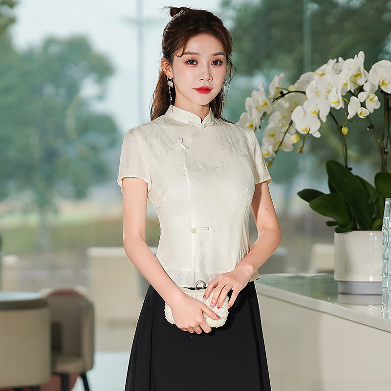 秀观唐盈鹊2023夏季新款优雅软提花改良国风新中式唐装旗袍短上衣