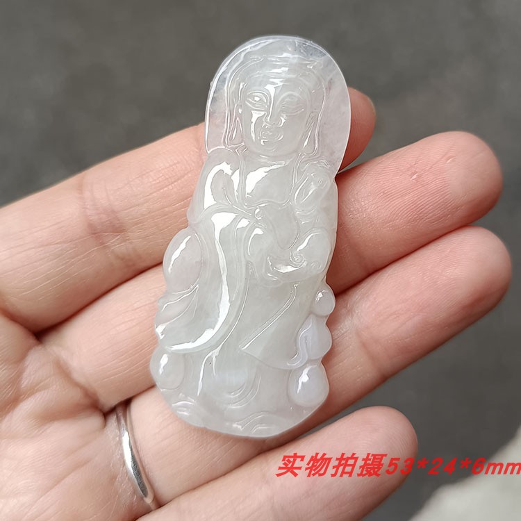 缅甸高冰种天然翡翠站观音花件牌吊坠男女款翠玉A货新品挂件玉器