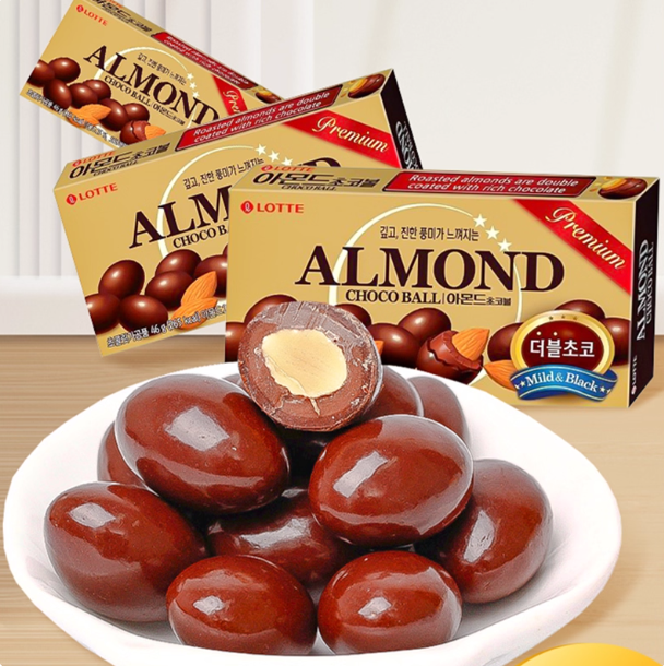 韩国进口 乐天扁桃仁夹心巧克力豆杏仁糖果盒装零食（代可可脂）