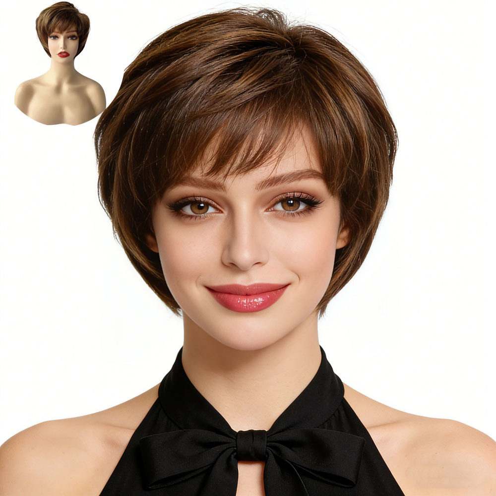 外贸假发女欧美时尚短发帅气纹理短直发化纤机制头套女速卖通新品