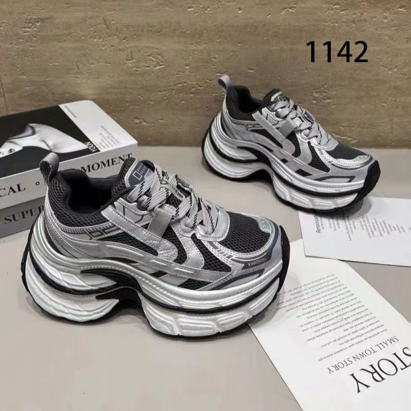 2025秋季新款老爹鞋环保皮/网透气休闲运动鞋系带厚底女鞋1142