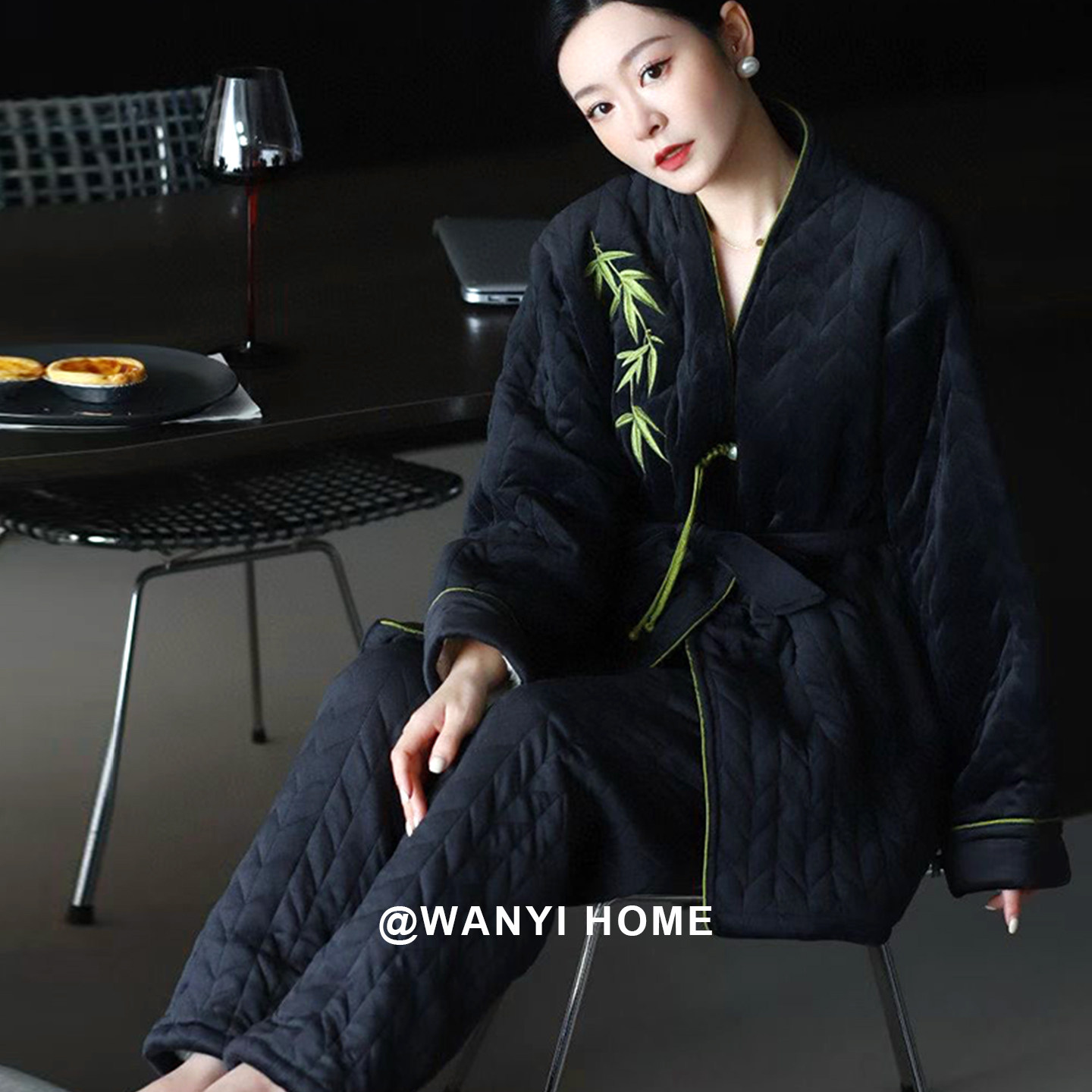 新中式盘扣加绒加厚睡衣套装女