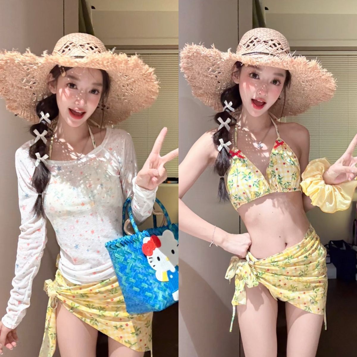 南法柠檬印花三角比基尼遮挡三角巾性感甜美欧美度假辣妹分体泳衣