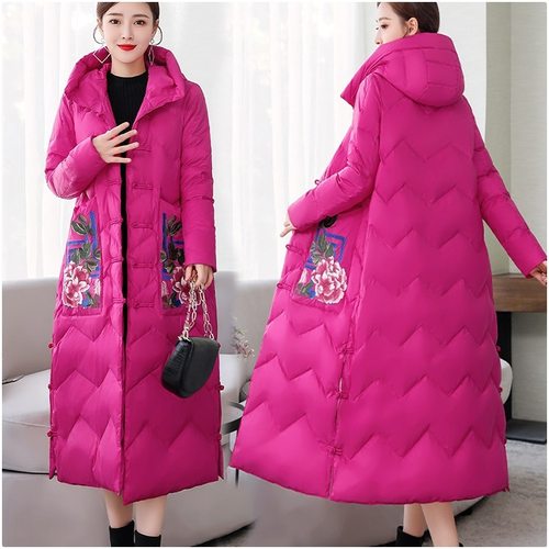 冬季嘉兴平湖羽绒服女妈妈中长款过膝宽松盘扣刺绣民族风文艺复古