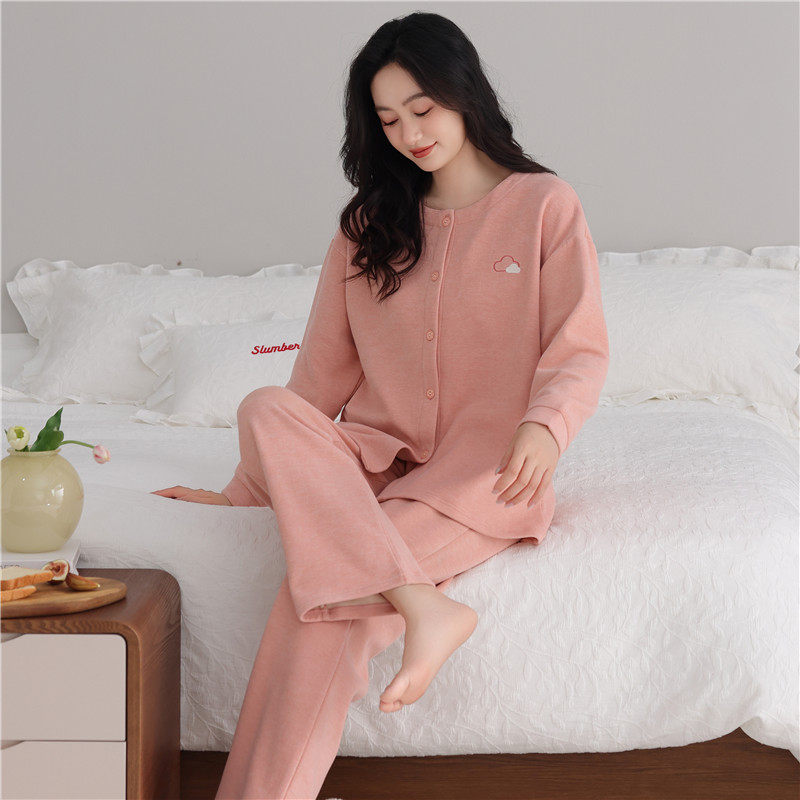 德绒睡衣女加厚秋冬圆领开衫图片
