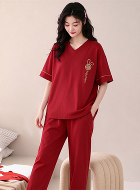 睡衣女半袖纯棉夏季大码女款V领红色短袖长裤可外穿全棉家居服薄