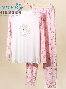 舒雅女童莫代尔睡衣秋冬儿童独角兽卡通图案家居服保暖套装25328H
