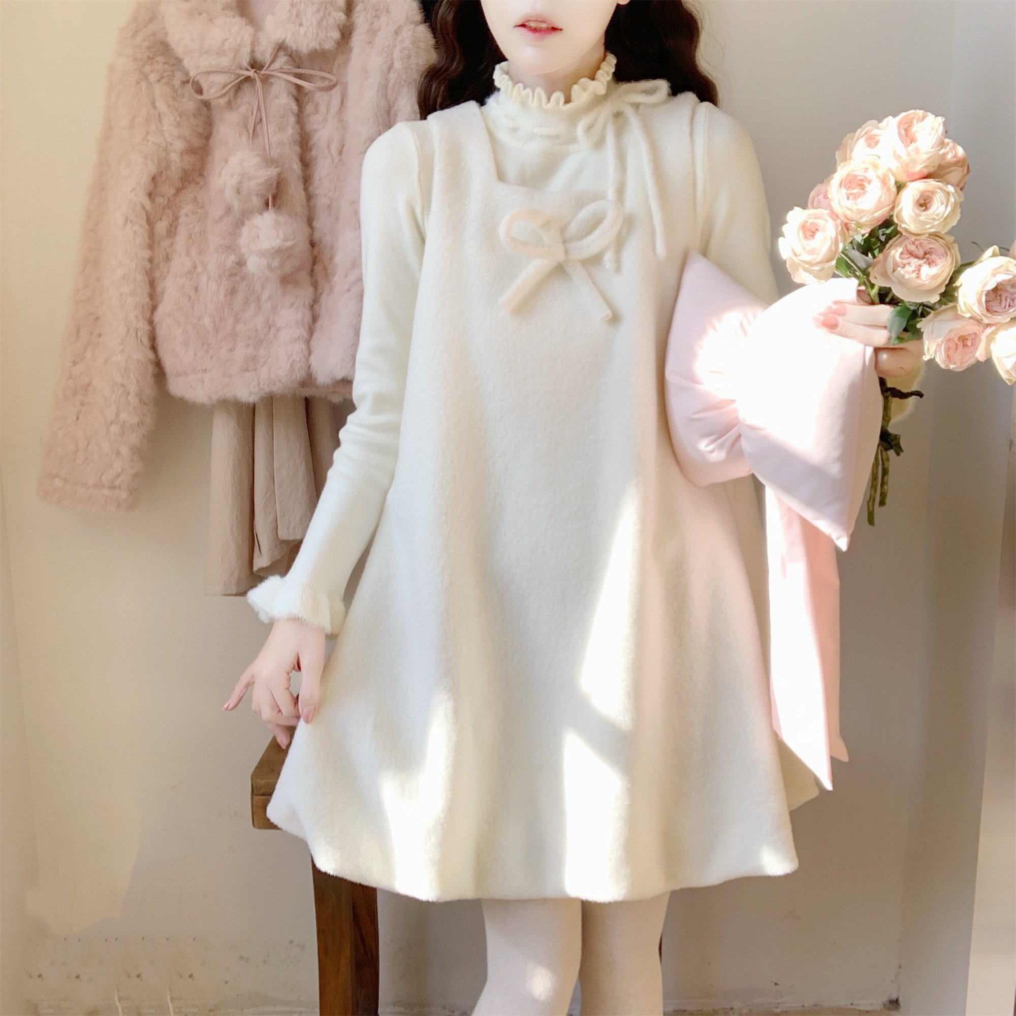 【Dear YN】温柔甜美 蝴蝶结花苞连衣裙韩系无袖毛呢背心裙A摆裙,女装/女士精品,连衣裙,淘宝优惠券,粉丝福利购,淘宝优惠卷