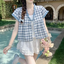 【Dear YN】甜美系带浅蓝格子假两件短袖衬衫女夏宽松别致小衫