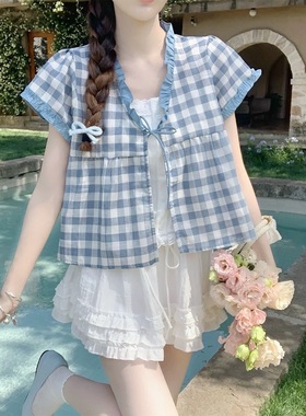 【Dear YN】甜美系带浅蓝格子假两件短袖衬衫女夏宽松别致小衫