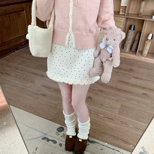 甜美韩系 下摆花边波点半身裙女秋百搭高腰a字短裙 Dear