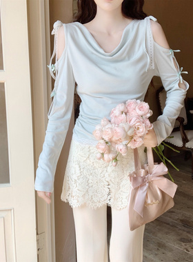 【Dear YN】法式薄荷蓝蕾丝镂空蝴蝶结荡领长袖T恤修身气质上衣女