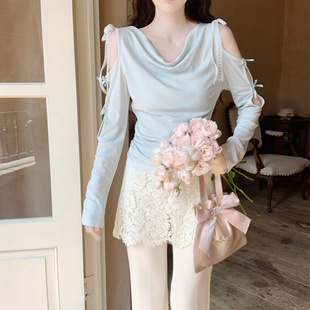 Dear T恤修身 薄荷蓝蕾丝镂空蝴蝶结荡领长袖 气质上衣女 法式