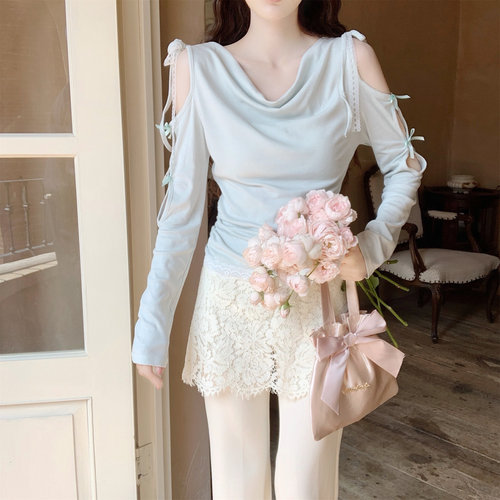 【DearYN】镂空蝴蝶结荡领长袖T