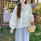 女宽松刺绣灯笼袖 上衣 复古碎花系带设计圆领长袖 衬衫 Dear