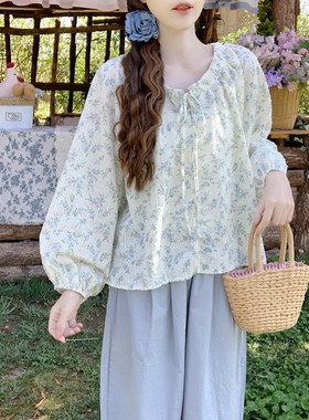 【Dear YN】复古碎花系带设计圆领长袖衬衫女宽松刺绣灯笼袖上衣