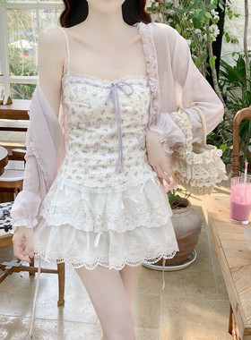 【Dear YN】温柔紫色碎花蕾丝方领系带吊带背心蝴蝶结无袖上衣女