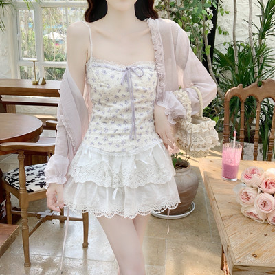 【DearYN】紫色碎花蕾丝背心女
