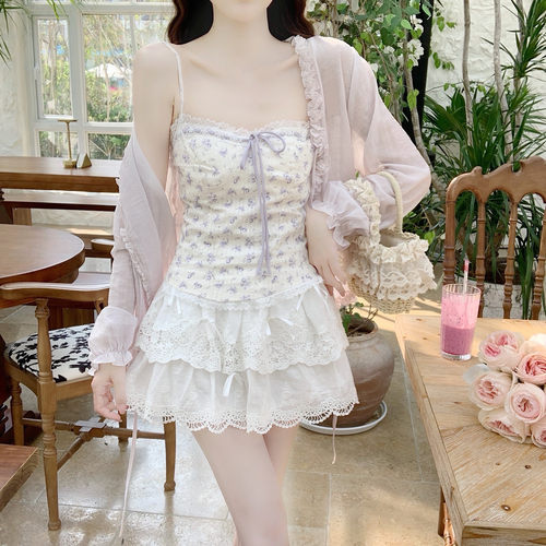 【DearYN】紫色碎花蕾丝背心女