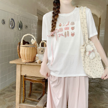 【Dear YN】夏季甜美印花芭蕾女孩两色棉质T恤宽松短袖上衣女夏新