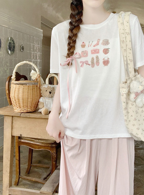 【Dear YN】夏季甜美印花芭蕾女孩两色棉质T恤宽松短袖上衣女夏新