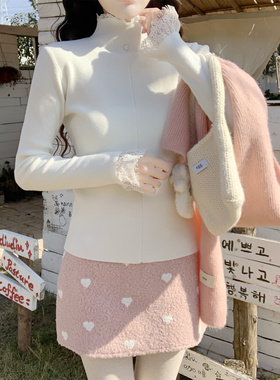 【Dear YN】温柔多色蕾丝拼接半高领针织打底衫显瘦修身内搭上衣