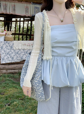 【Dear YN】温柔多色花边细坑条绑带薄针织开衫防晒外套长袖上衣