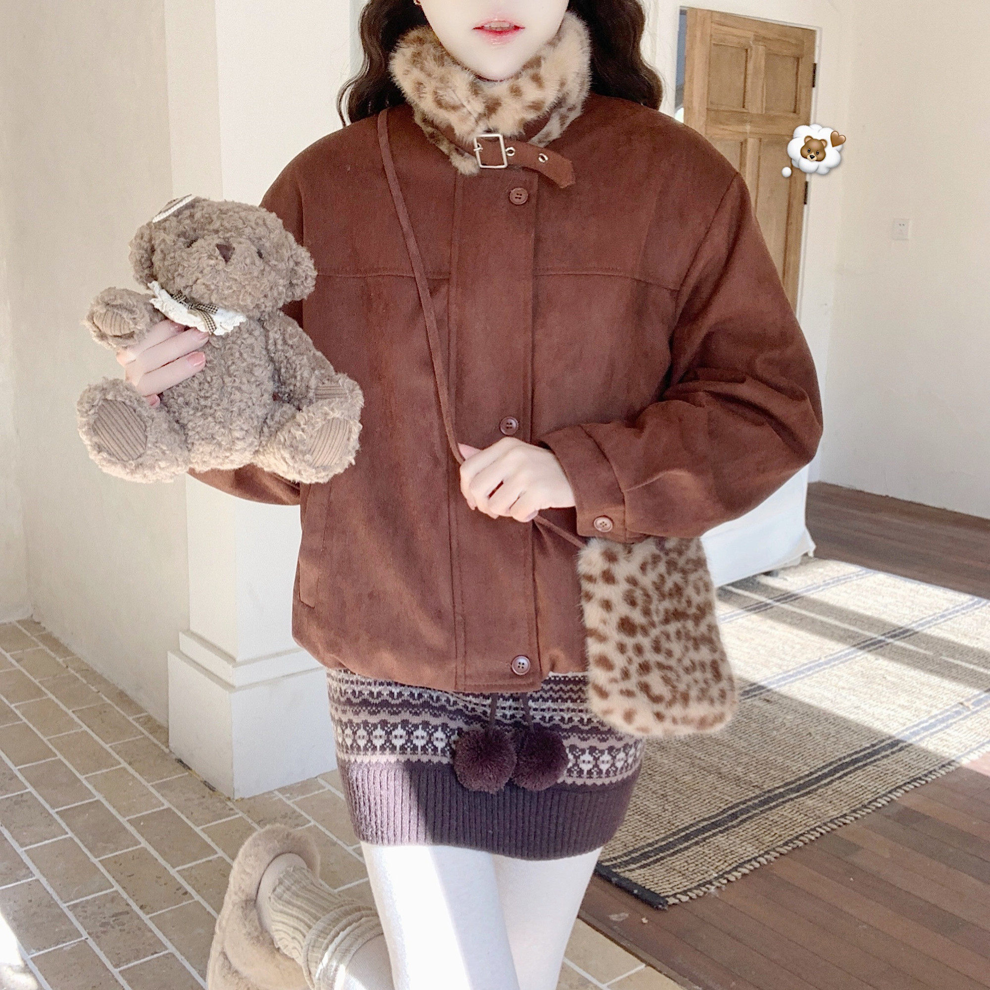 【Dear YN】棕色加厚拼接毛领豹纹复古美拉德短款麂皮绒外套女冬,女装/女士精品,短外套,淘宝优惠券,粉丝福利购,淘宝优惠卷