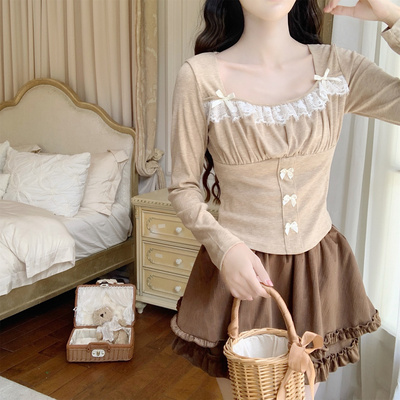 【DearYN】方领蕾丝收腰上衣女