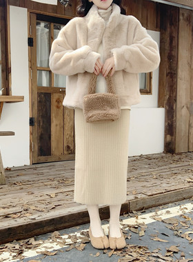 【Dear YN】温柔风加厚软糯水貂绒坑条半身裙秋冬中长款包臀裙新