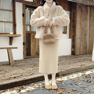 【Dear YN】温柔风加厚软糯水貂绒坑条半身裙秋冬中长款包臀裙新