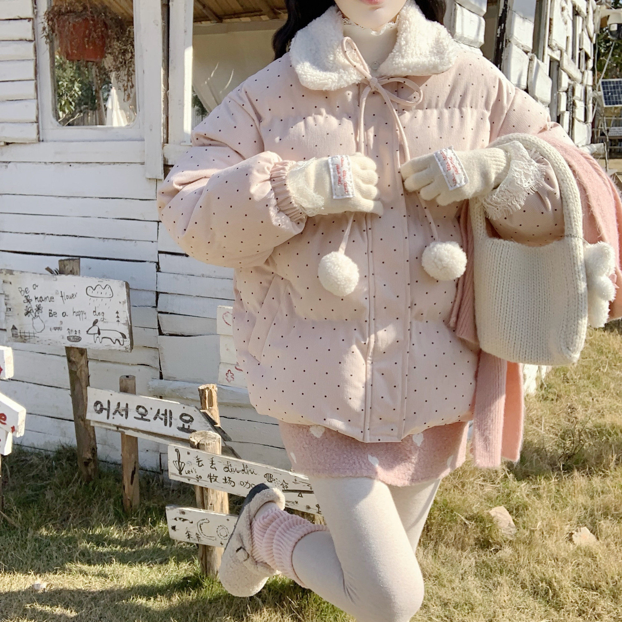 【DearYN】波点球球加厚棉服女