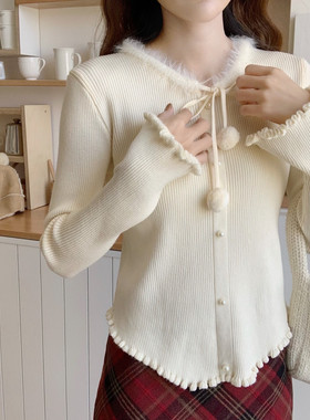 【Dear YN】温柔软糯糯貂绒拼接球球设计圆领修身针织打底衫女冬