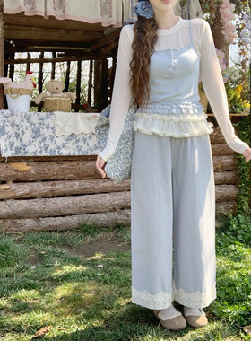 【Dear YN】温柔百搭多色下摆蕾丝拼接高腰阔腿裤宽松休闲直筒裤
