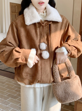 【Dear YN】焦糖泡芙 球球麂皮花苞外套内里加绒宽松夹克上衣女冬