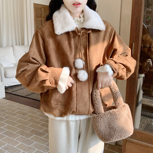 【Dear YN】焦糖泡芙 球球麂皮花苞外套内里加绒宽松夹克上衣女冬