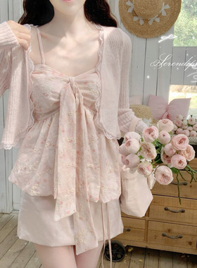 【Dear YN】春日碎花带胸垫蝴蝶结绑带设计吊带背心V领无袖上衣女