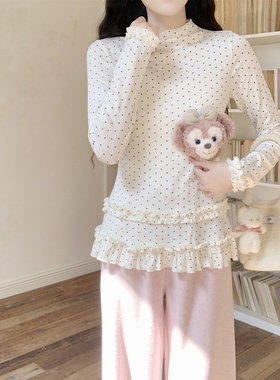 【Dear YN】温柔韩系半高领波点花边针织打底衫女秋冬内搭长袖T恤